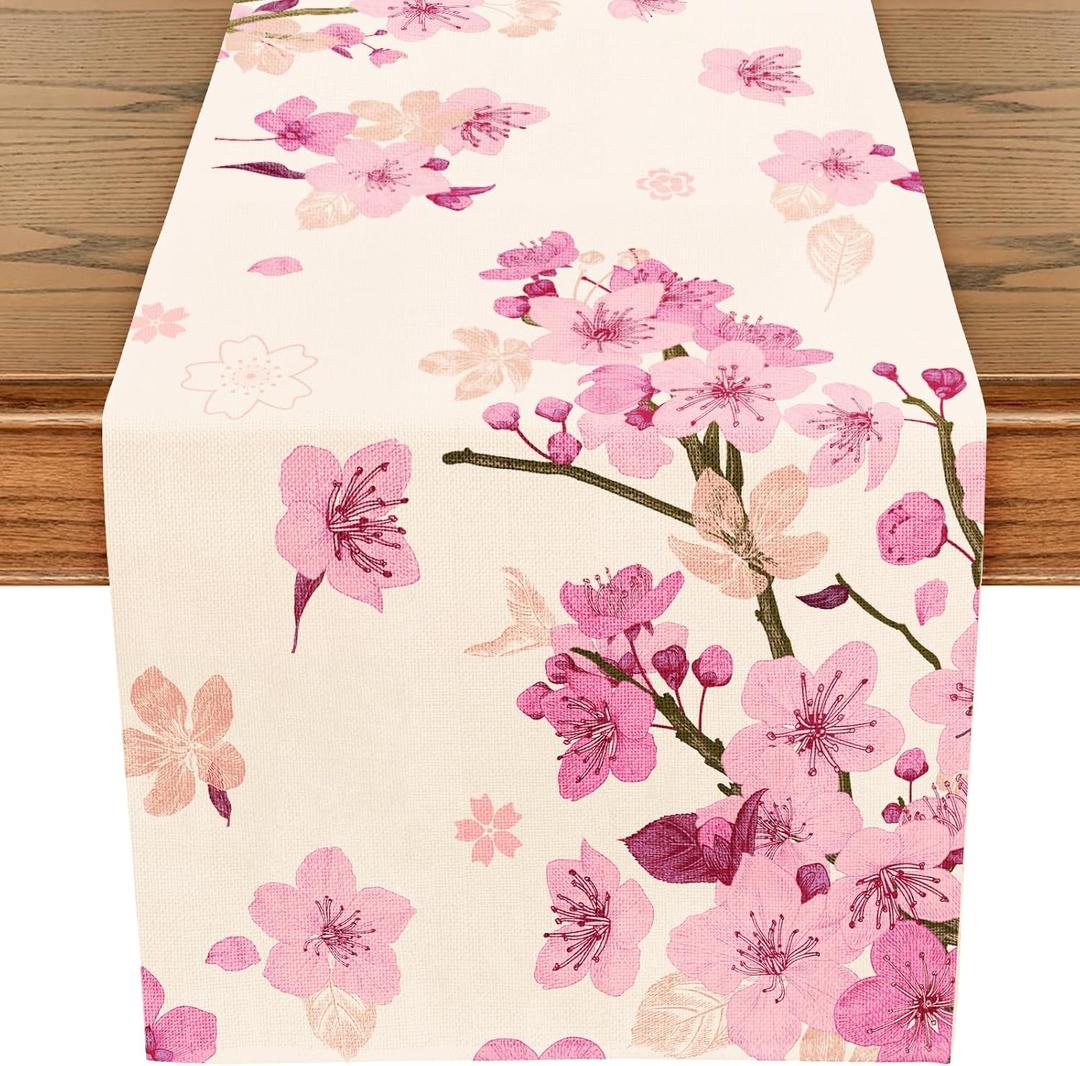 WRAPAHOLIC Cherry Blossom Table Runner - 13 x 72 Inch - Farmhouse Indoor Kitchen Anniversary Wedding Dining Table Decoration for Home Party 4 Pack