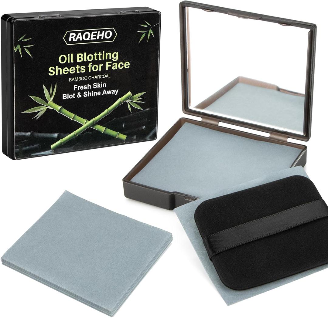 200 Oil Blotting Sheets for Face - Bamboo Charcoal Oil Absorbing Blotting Paper with Mirror & Puff Disposable Oily Control Removing Face Wipes Pads Oil Skin Women Men Beauty Makeup Essentials