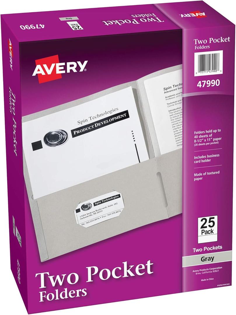 Avery Two Pocket Folders, Holds up to 40 Sheets, Business Card Slot, 25 Gray Folders (47990)