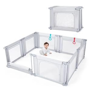 Doradotey Adjustable Baby Playpen with Adult Door, Foldable Large Playpen for Babies and Toddlers, Breathable Mesh Indoor Baby Playard, Safe Fence, 79 x 71 Inch, Light Grey