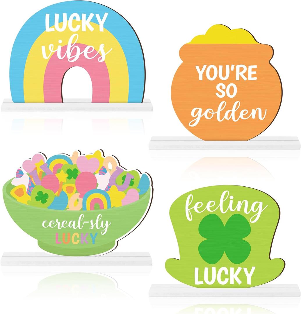 St. Patrick's Day Centerpieces - Lucky Charms Wooden Tiered Tray Signs Table Decorations, Cereal-sly Green Clover Detachable Table Topper for Home Kitchen Bedroom Irish Day Event Supplies