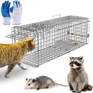 TeqHome Humane Animal Cage Trap,26"x9"x10" Heavy Duty Foldable Collapsible Galvanized Steel Live Trap for Stray Cats, Raccoons, Groundhogs,Squirrel,Chipmunk,Indoor/Outdoor Use,Easy to Catch & Release