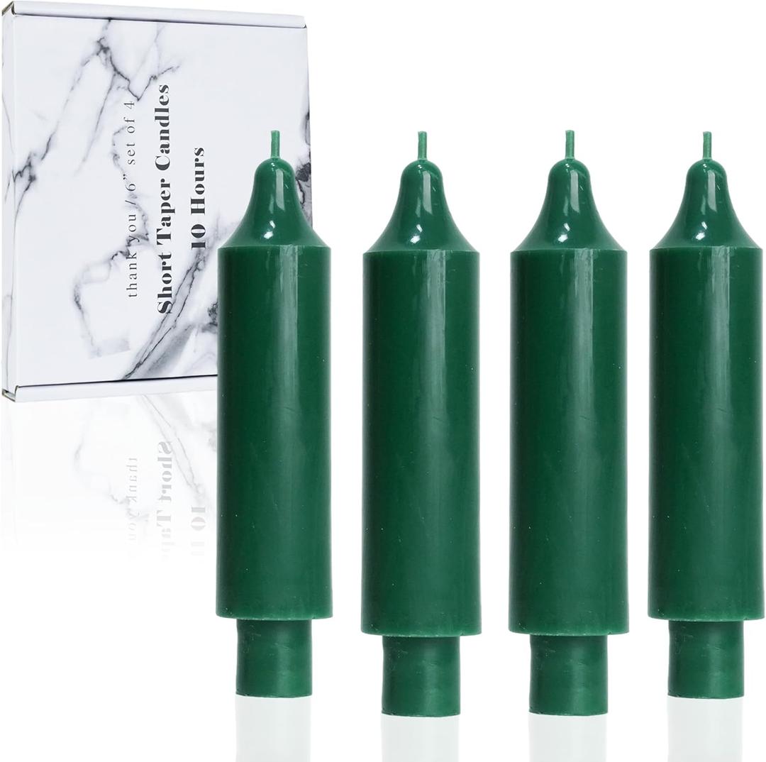 Dark Green Short Taper Candles 6 inch Candle Sticks Unscented Dinner Candle Dripless for Home Decor,Set of 4