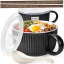 Artena 38 oz Soup Bowls with Handles, Lids, Spoons & Chopsticks – 6 Inch Large Microwave Safe Ceramic Ramen Bowls, Soup Mugs & Cereal Bowls for Instant Noodles, Oatmeal, Meal Prep (Black-Set of 2)