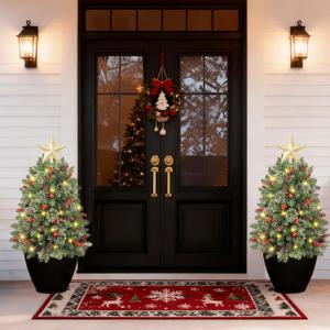 Set of 2 Christmas Urn Fillers with Lights,24 Inch Christmas Trees for Porch,Frosted Urn Fillers for Porch,Pathway Holiday Christmas Decorations with Red Berries,Pine Cones