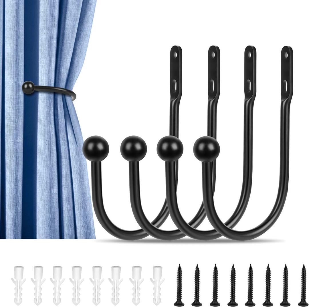 4 PCS Curtain Holdbacks, Wall Mounted Drapery Tiebacks Simple Style, Black