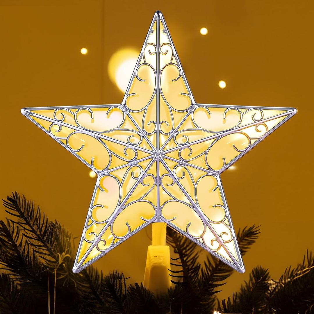 Nuanchu Christmas Star Tree Topper 10.4 x 9.4 Inch Large 3D Glitter Topper Ornament Metal Hollowed with 20 LED Lights Vintage Xmas Reflector Treetop New Year Holiday Indoor Decor(Sliver Clear)