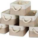 Temary Small Fabric Storage Baskets 6 Pcs Decorative Baskets Bins for Gifts Empty Foldable Storage Basket with Handles for Organizing Shelf, Towels (White&Khaki,11.8 L x 7.9 W x 5.3 H inches)