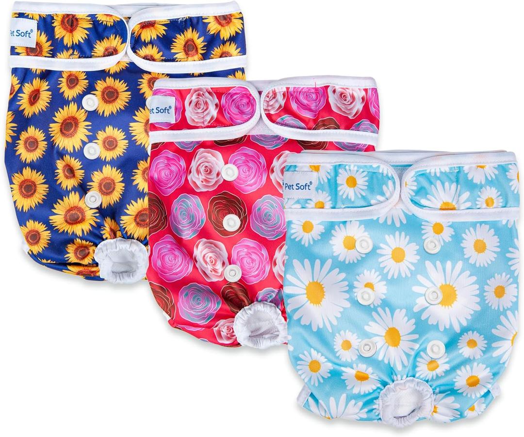 Pet Soft Female Dog Diapers, 3 Pack Washable Dog Diapers Female for Dogs in Heat Reusable Dogs Period Panties, Puppy Diapers (Flower, M)