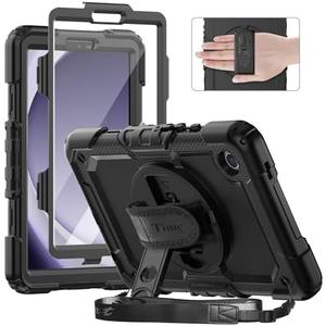Timecity for Samsung Galaxy Tab A9 Case 8.7 inch (SM-X110/X115/X117), with Built-in Screen Protector, 360° Rotating Stand, Hand Strap&Shoulder Strap Case for Galaxy Tab A9 4G LTE Tablet- Black