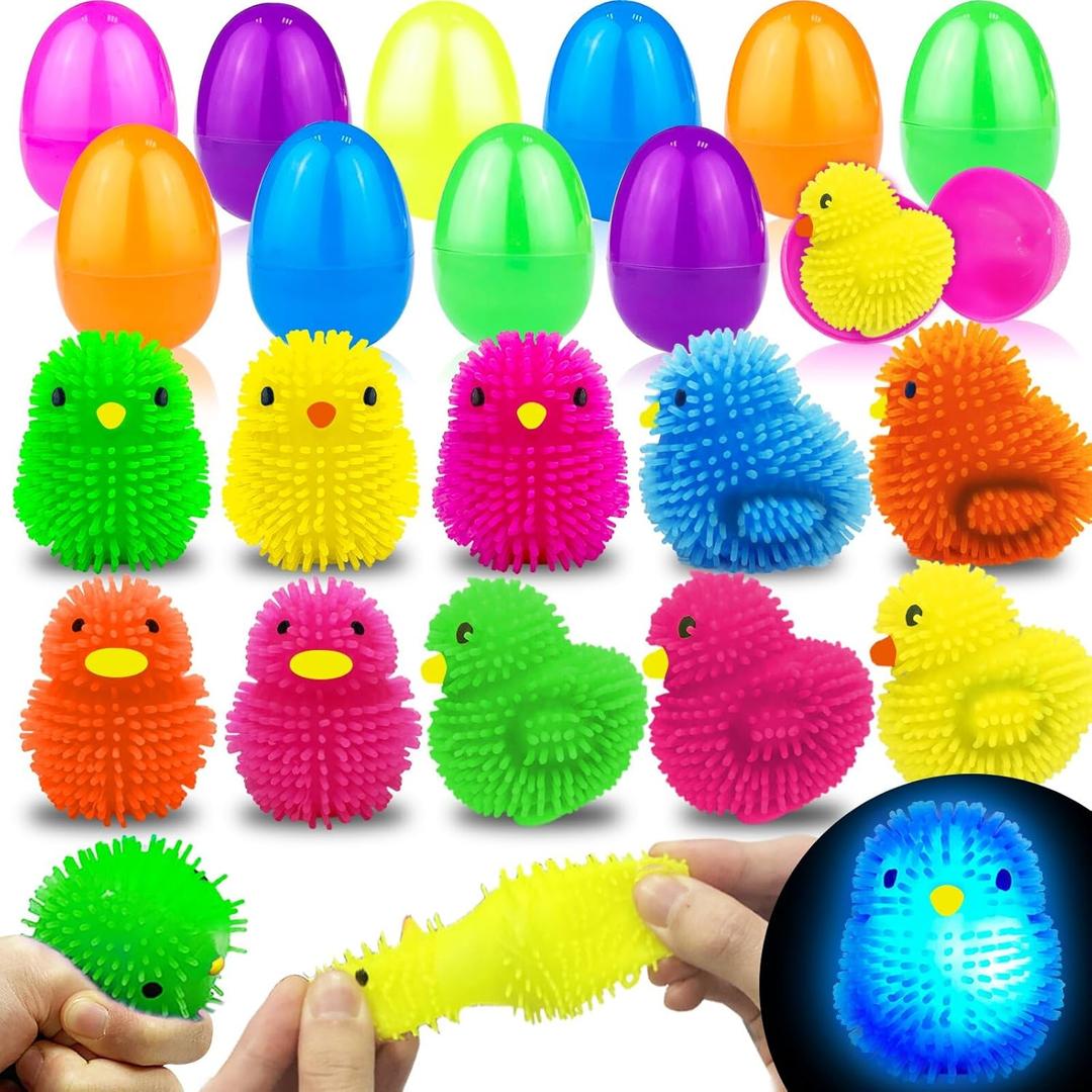 Easter Basket Stuffers 12 Pack Easter Eggs Filled with Chick Duck LED Puffer Balls,Light Up Stress Relief Fidget Toys Squeeze Sensory Ball for Toddler Kids Boys Girls Easter Egg Hunt Party Favor Gift
