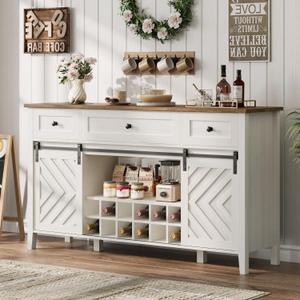 CABIHOME Farmhouse 47.2'' Buffet Cabinet with Sliding Barn Door, 33.4'' Tall Wood Rustic Sideboard with 3 Drawer, Adjustable Shelf and Removable Wine Rack (White, 59'')