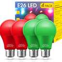 Red Light Bulbs Green Light Bulbs [4 Pack] - A19 LED Red and Green Bulbs 9W (60W Equivalent) - E26 Base Colored Light Bulb for Christmas Party Porch Decor