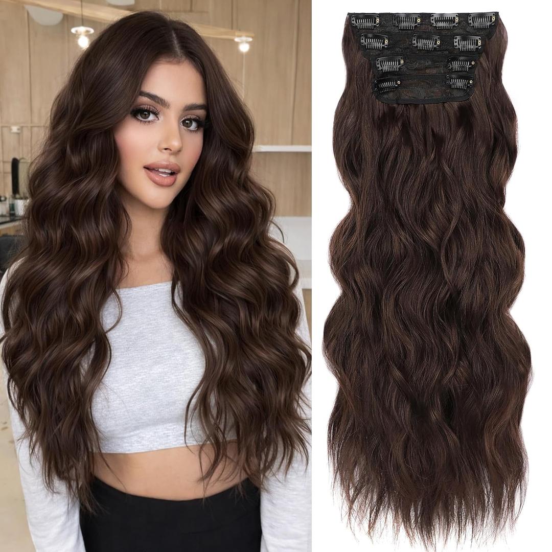 ALXNAN Clip in Long Wavy Synthetic Hair Extension 24 Inch Chocolate Brown 4PCS Thick Hairpieces Fiber Double Weft Hair for Women
