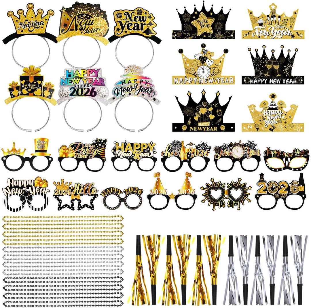 2026 New Years Eve Party Supplies Includes New Year Paper Crown Hats Headband Tiara Eyeglasses Squawkers, Necklace Decorations for New Years Eve Party Photo Props Supplies