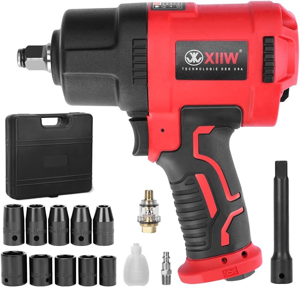 1/2 Inch Air Impact Wrench, Max Torque 1560 ft-lbs, lightweight 4.4 lb Design, Air Impact Gun Includes 11 Pcs CR-V Steel Impact Socket Set and Storage Case, Twin Hammer 8000RPM for Automobile Repair