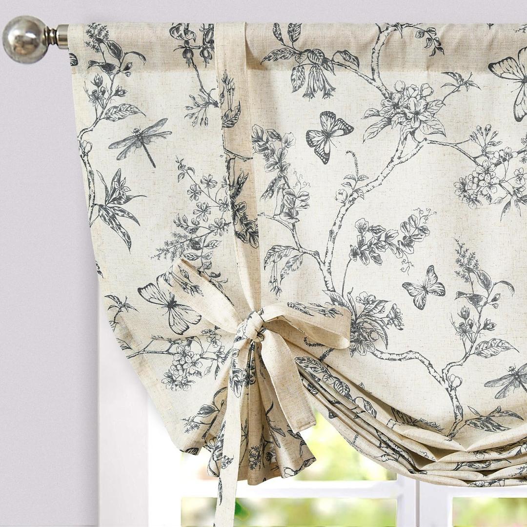jinchan Linen Floral Valance Tie up Curtains for Small Windows 45 Inch Farmhouse Kitchen Cafe Curtains Rod Pocket Country Tropical Flower for Laundry Room Bathroom Rod Pocket 1 Panel Black