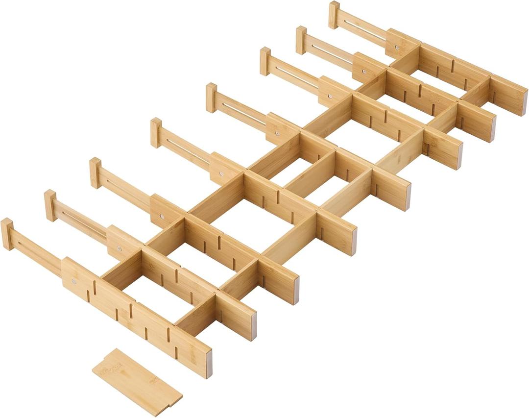 FILWH Bamboo Drawer Dividers with Inserts kitchen drawer organizer Adjustable Expandable 8 Pack Organizer Set for Kitchen Bedroom Bathroom Office 8 Dividers with 16 Inserts (Natural, Small (14-19IN))