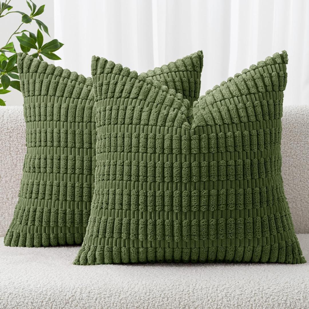 MIULEE Pack of 2 Corduroy Decorative Throw Pillow Covers 20x20 Inch Soft Boho Striped Pillow Covers Modern Farmhouse Home Decor for Summer Sofa Living Room Couch Bed Moss Green