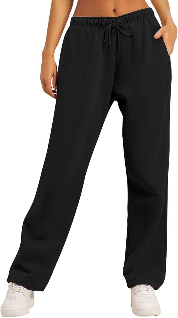 AUTOMET Women's Wide Leg Sweatpants Fleece Lined Baggy Straight Leg Lounge Pants Fall Outfits Athletic Joggers with Pockets, XS