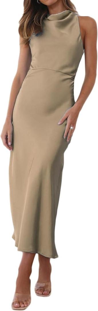 Halfisland Satin High Neck Backless Sleeveless Midi Dresses for Women Elegant Mock Neck High Waist Cross Back Cocktail Dress, Medium