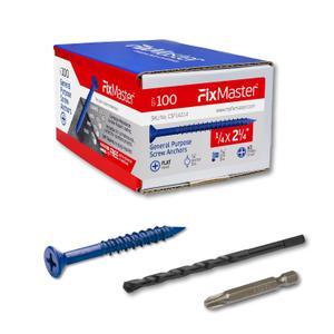 1/4 x 2-1/4" Countersunk Phillips Flat Head Blue Concrete Screw Anchors (100 pcs Screw Kit) with one Screwdriver and Drill Bit for Concrete, Masonry, Block, Brick and Wood Fastening