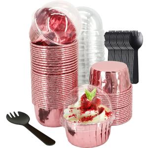 5oz Foil Muffin Cups Muffin Tins 50 Pack,LNYZQUS Jumbo Cupcake Liners with Lids,Disposable Ramekins Pans Cupcake Baking Cups Wrappers for Wedding Bakery-Rose Gold