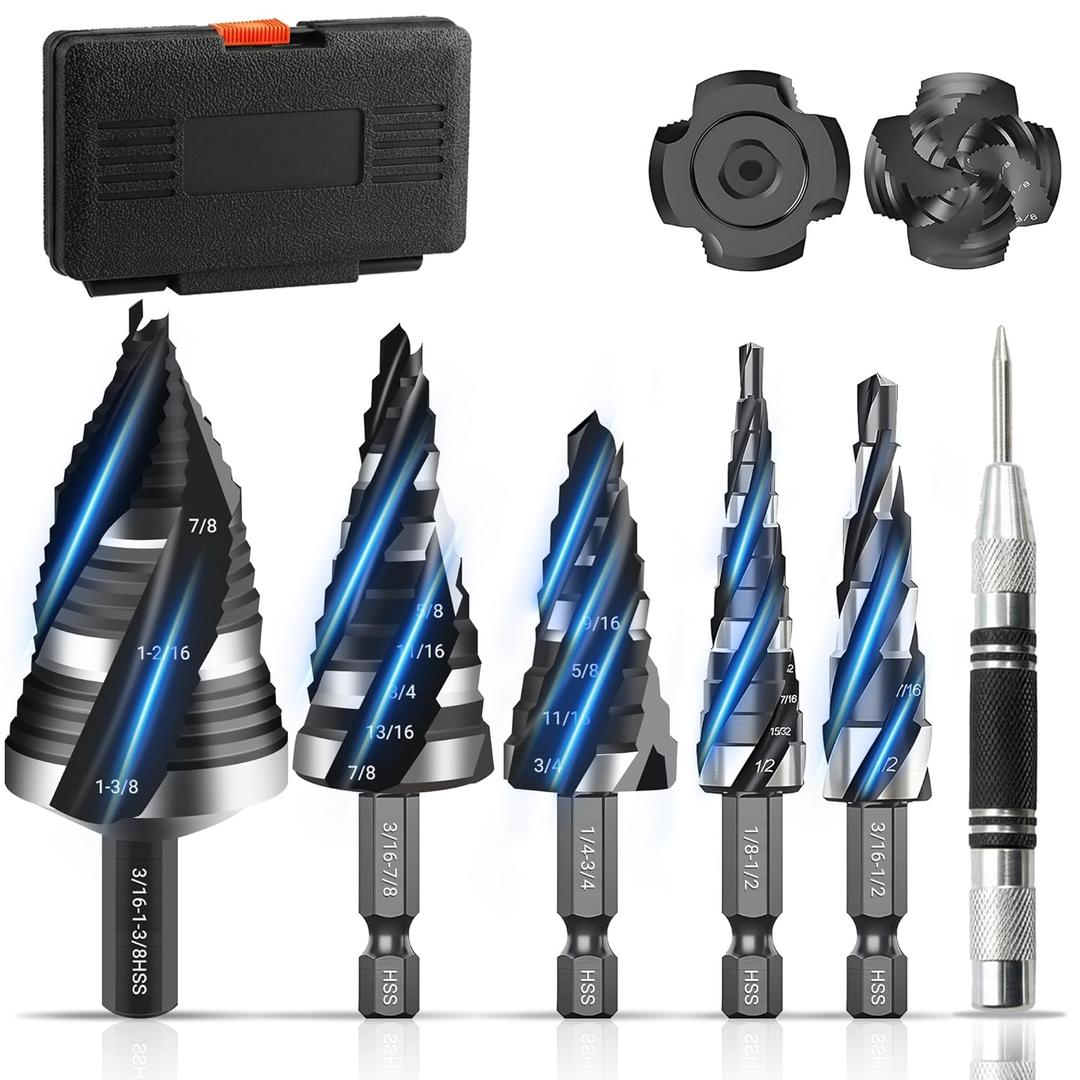 6 Pcs HSS Spiral Step Drill Bit Set with Automotive Center Punch,Four-Flute Unibit (1/8"-1-3/8") with 1/4" & 3/8" Shank for Hole Drilling in Stainless Steel, Copper, Aluminum, Wood, Plastic