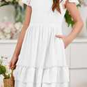 HOSIKA Girls Lace Flower Boho Ruffle Sleeve A-Line Tiered Summer Dress for Wedding Party with Pockets (White)