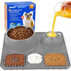 Slow Feeder Dog Bowl with Lick Mat & Interactive Rolling Ball, Stainless Steel Pet Feeding Station with Non-Slip Stable Grip Base for Wet Food, Dry Kibble (Light Gray)