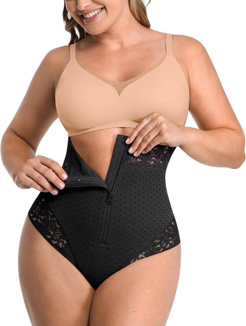 SHAPELLX Tummy Control Thong Shapewear for Women Shaping Thong Body Shaper Underwear with Hook Zipper Closure (01-Black), XL