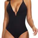SHAPERIN Women's Deep V Neck Bodysuit Double Lined Plunge Tummy Control Shapewear Thong Body Suits Backless Cami Tank S