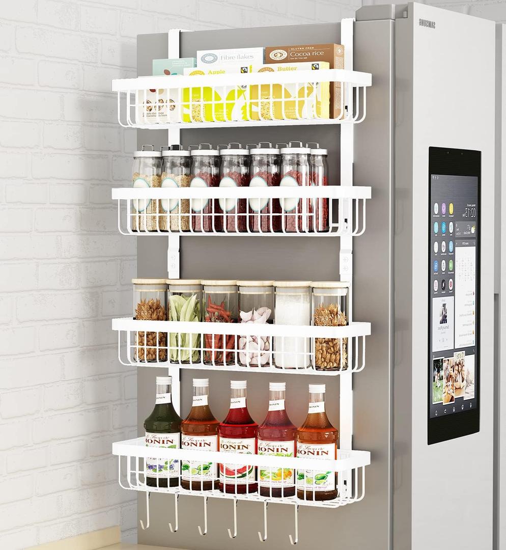 Warome Magnetic Spice Rack for Refrigerator, 4 Tier Shelf Organizer with Strong Magnets, Kitchen Storage Gadget with Utility Hooks