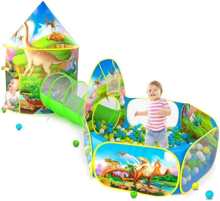 3PC Dinosaur Play Tents for Boys, Kids Play Tent with Ball Pit, Crawl Tunnel, Castle Tent for Toddlers, Baby Dinosaur World Playhouse Toys