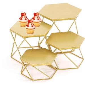 Metal Display Risers, Set of 4 Brass Hexagonal Nesting Buffet Riser Set, Modern Brass Buffet Display Stands for Food, Food Display Risers for Buffet Cupcake Small Potted Plants