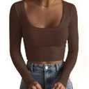Artfish Women's Square Neck Long Sleeve Ribbed Slim Fitted Casual Basic Crop Top Chocolate Brown S