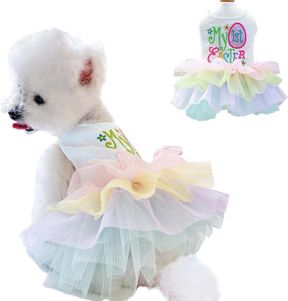 Dog Easter Outfit with My 1st Easter Embroidery Letters Holiday Puppy Dress Rainbow Dog Tutu Cat Apparel Fancy Pet Clothes for Chihuahua Yorkie Pomeranian Poodle(Colorful, X-Large)