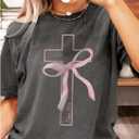 RoseSeek Girl's Bowknot Cross Graphic Tees Crew Neck Short Sleeve T Shirts Streetwear Tops (Dark Grey, 11Y)