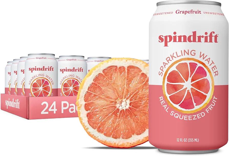 Spindrift Sparkling Water, Grapefruit Flavored, Made with Real Squeezed Fruit, (Only 15 Calories Per Can), 12 Fl Oz (Pack of 24) EXP. 09/15/26