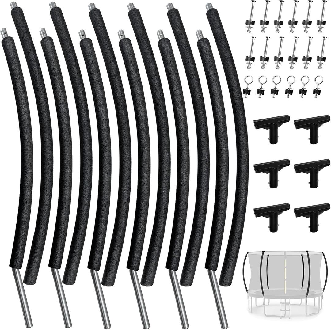 6 PCS Trampoline Curved Pole Replacement, Universal Curved Enclosure Net Poles for 8-16ft Frame, with Plastic T Connector, Mounting Hardware, Foam Cover Padding