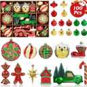 Dolicer 100 Pcs Christmas Ornaments Various Elements Christmas Tree Ornaments Set Red Gold Green Christmas Ball Ornament Shatterproof Hanging Decorations for Xmas Tree Holiday Party, Pre-Tied Strings