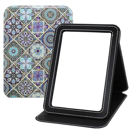 GLINTZ Large Folding Mirror Portable, Travel Foldable PU Adjustable Rectangular Ultrathin Vanity Mirror Rounded Corner with Multi Stand Angle, for Travel, Camping, Home (8.9"L x 6.5"W)