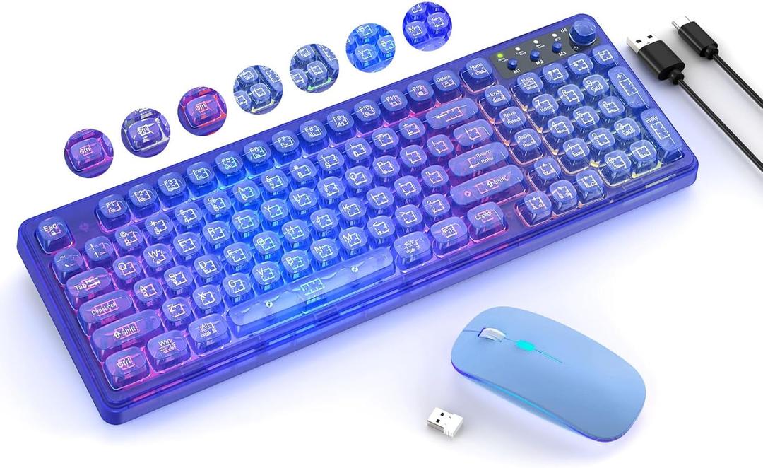 Blue Light Up Keyboard and Mouse Wireless,Cute 2.4Ghz Cordless Rechargeable Transparent Backlit Keyboard,15 Backlight Effects,Volume Knob,RGB Mouse with 3 DPI for Mac Computer PC Laptop Desktop iPad