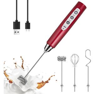 YUSWKO Red Milk Frother Handheld with 3 Heads, Coffee Whisk Foam Mixer with USB Rechargeable 3 Speeds, Electric Mini Hand Hand Frother for Latte, Cappuccino, Hot Chocolate, Egg