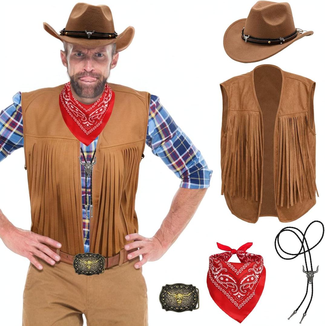5 PCS Cowboy Outfit for Men-Western Costume Set Hat Necklace Bandana Tassel Vest for Cosplay Rodeo Party (Large, Brown)
