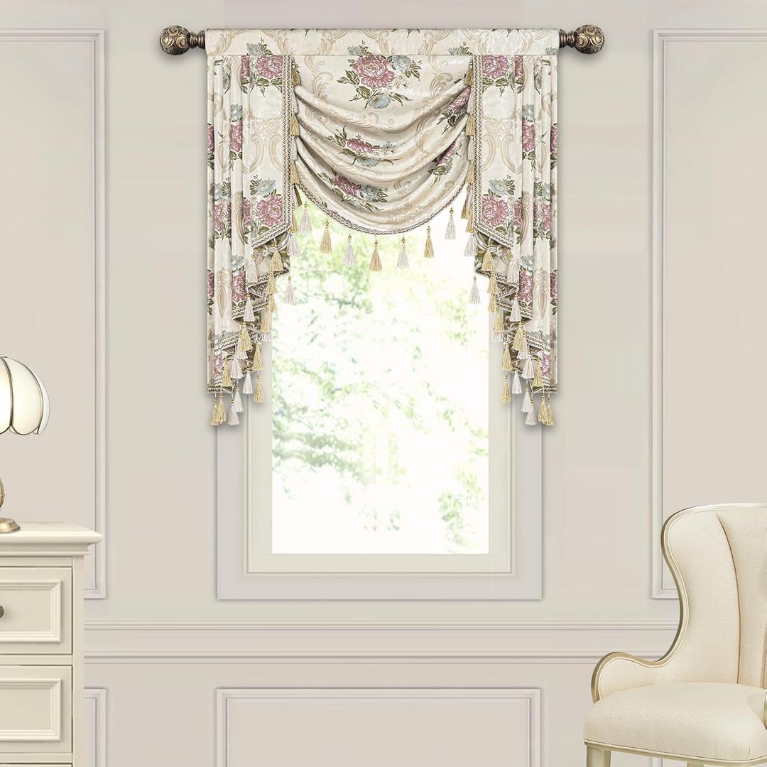 Loom and Mill Luxury European Waterfall Valance for Living Room Bedroom, Elegant Floral Jacquard Swag Window Valances with Tassels, Damask Swag Curtains for Banquet Wedding Holiday (W39Inch,1 Panel)