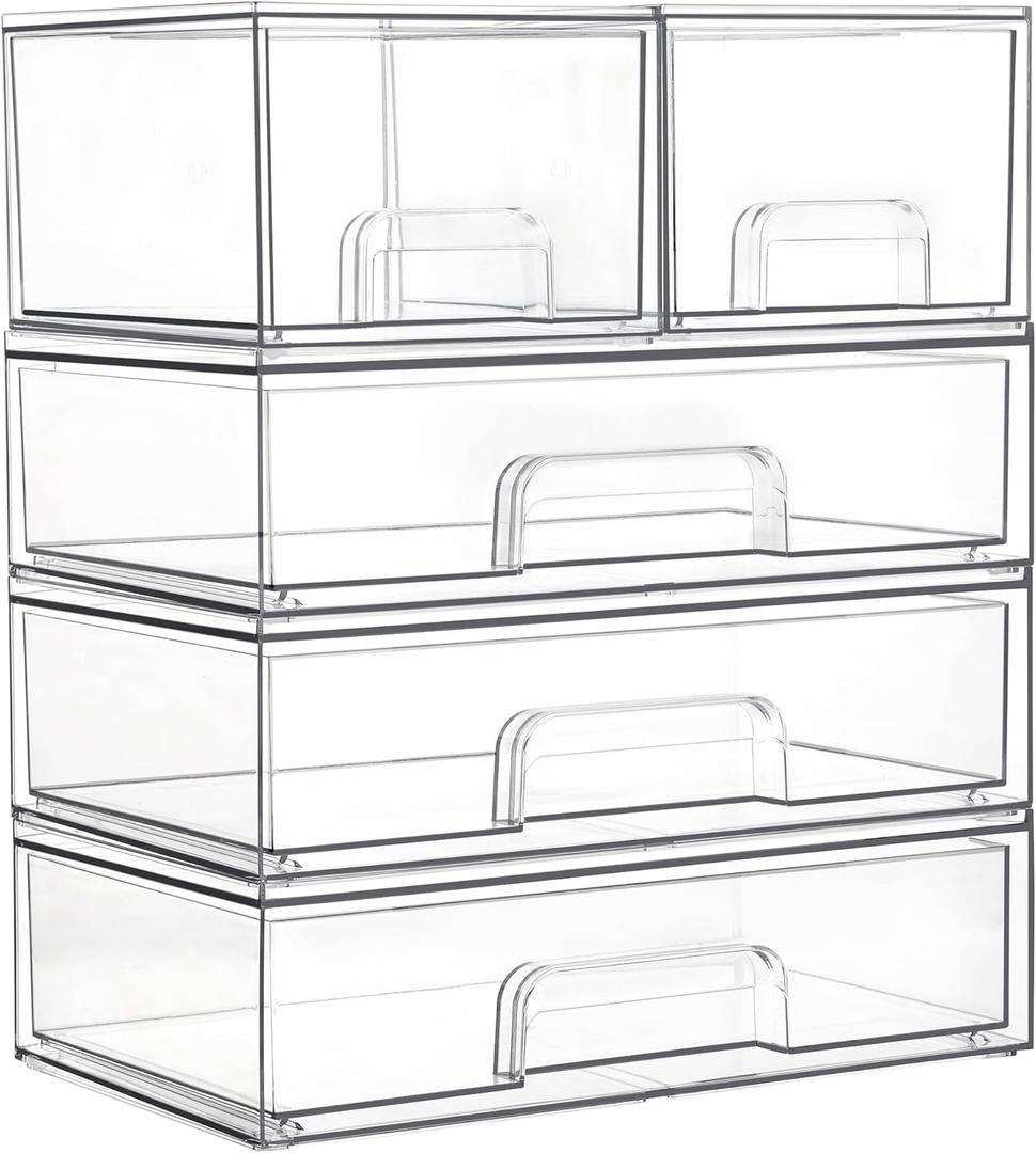 Vtopmart Stackable Storage Drawers Set of 5, Clear Plastic Organizer Bins for Bathroom Supplies,Ideal for Cabinet,Pantry,Laundry Room Organization (2 Small+3 Wide)
