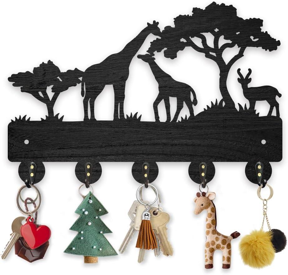 MAYJOYDIY Africa Giraffe Coat Rack Wood Key Holder 11.87.9inch Giraffe Family Deer Decorative Wall Hooks 5 Alloy Hooks Animal Tree Black Wall Hanger for Gifts Entryway Room Home