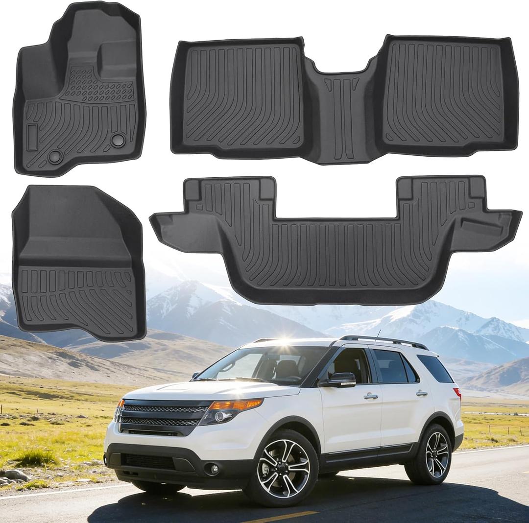Floor Mats for Ford Explorer 7 Passenger Bench Seat 2011-2014 | (Not for 6-Seat Captain Chairs), Heavy Duty TPE All Weather Protection, Waterproof Non-Slip Black (Three-Row Floor Mats)