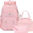 Hidds School Backpack for Teens Girls Women 3 PCS Kids Bookbag Set with Lunch Box College Laptop Backpacks Travel Daypack Bag (Pink)